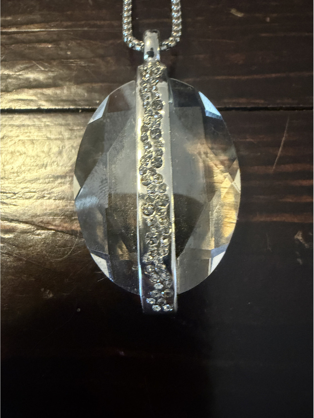 Long Silver Tone Necklace Clear Faceted Oval Pendant Statement Jewelry